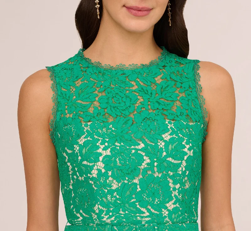 Sleeveless Lace Fit And Flare Dress With Sheer Details In Botanic Green