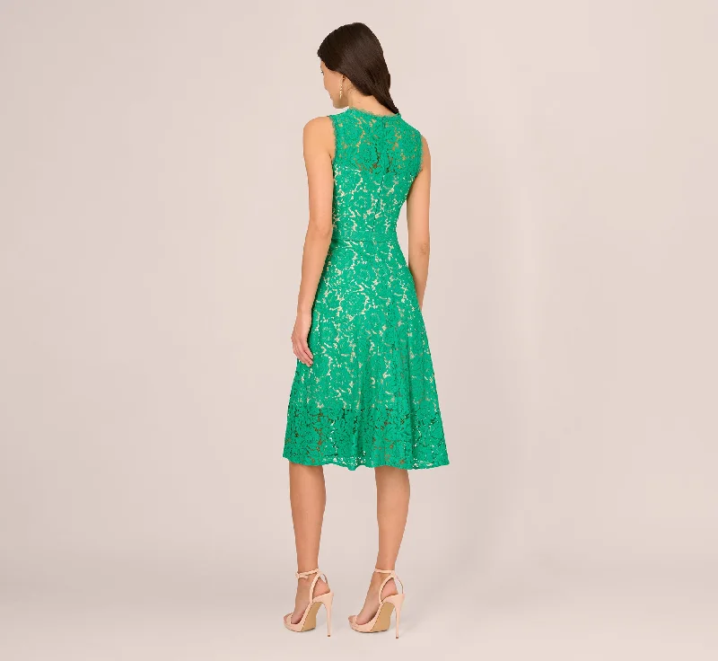 Sleeveless Lace Fit And Flare Dress With Sheer Details In Botanic Green