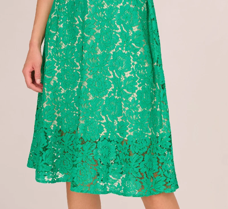 Sleeveless Lace Fit And Flare Dress With Sheer Details In Botanic Green