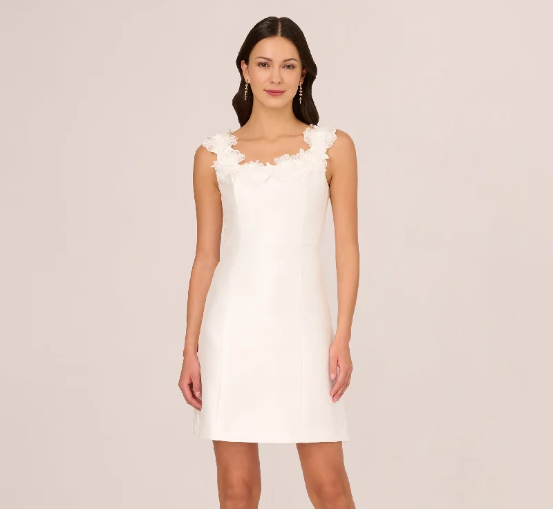 Sleeveless Mikado Cocktail Dress With Flower Trim Neck In Ivory