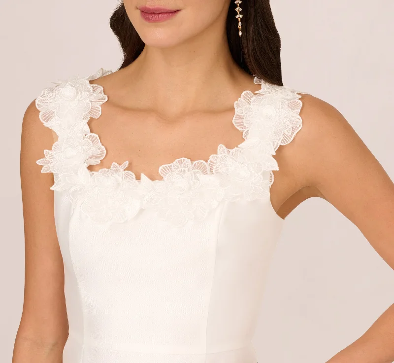 Sleeveless Mikado Cocktail Dress With Flower Trim Neck In Ivory