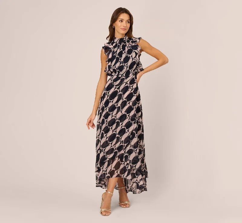 Sleeveless Printed Maxi Dress With Ruffle Trim In Navy Blush