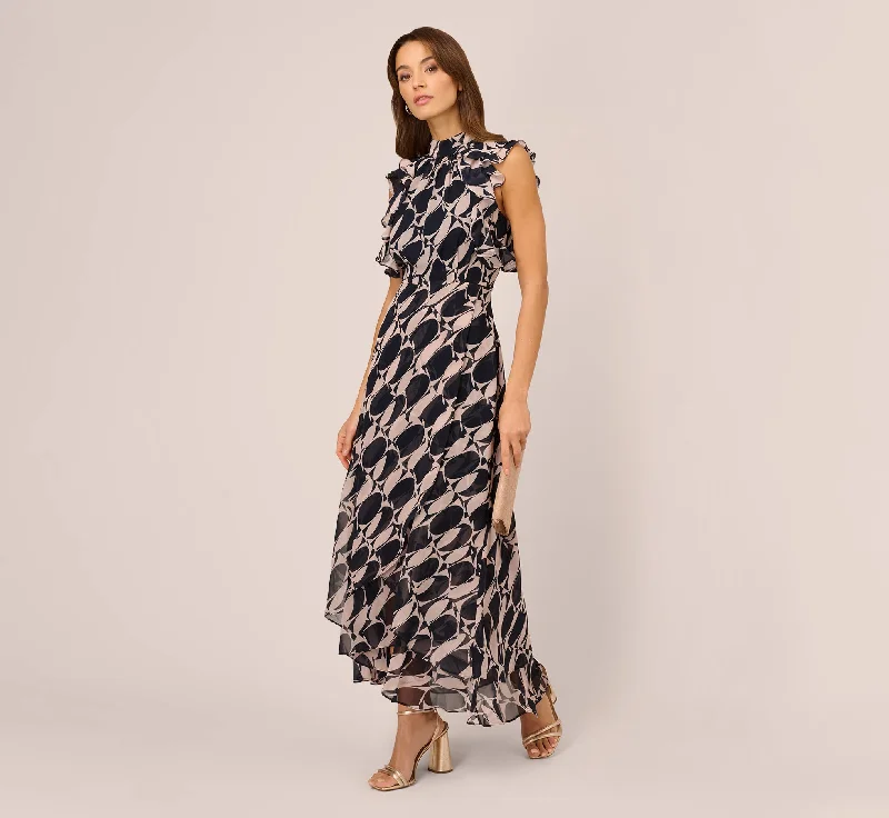 Sleeveless Printed Maxi Dress With Ruffle Trim In Navy Blush