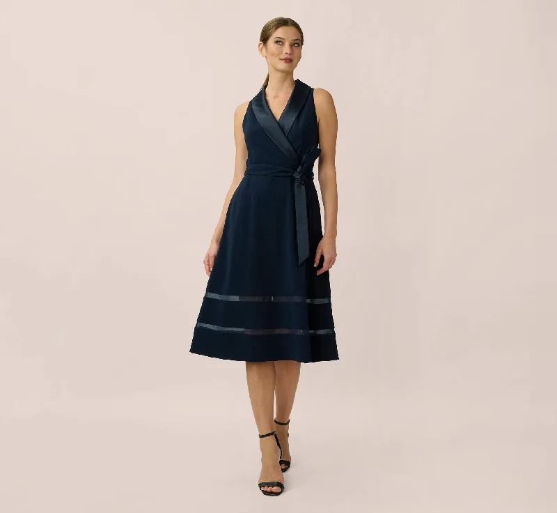 Stretch Knit Crepe Midi-Length Fit-And-Flare Tuxedo Dress With Organza Inserts In Midnight