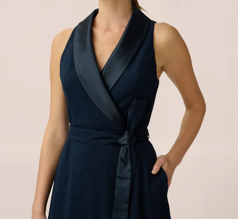 Stretch Knit Crepe Midi-Length Fit-And-Flare Tuxedo Dress With Organza Inserts In Midnight