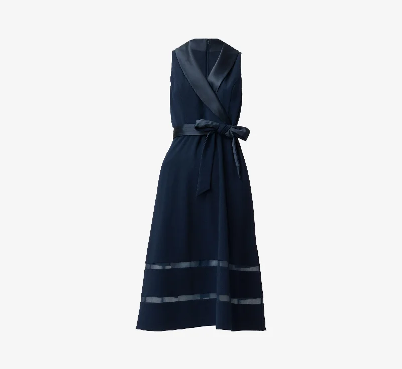 Stretch Knit Crepe Midi-Length Fit-And-Flare Tuxedo Dress With Organza Inserts In Midnight