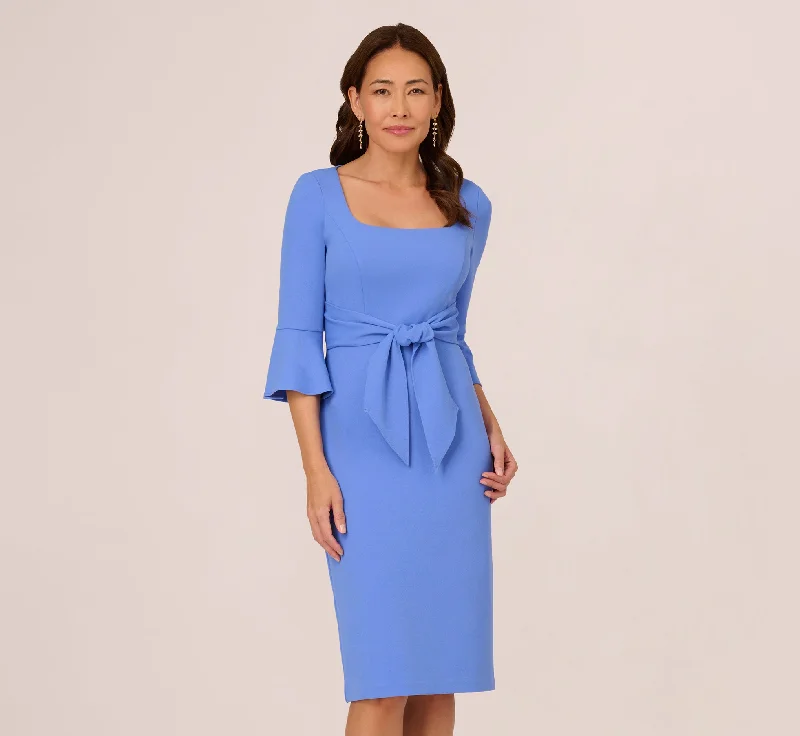 Stretch Knit Crepe Tie-Front Midi-Length Sheath Dress In Precious Peri