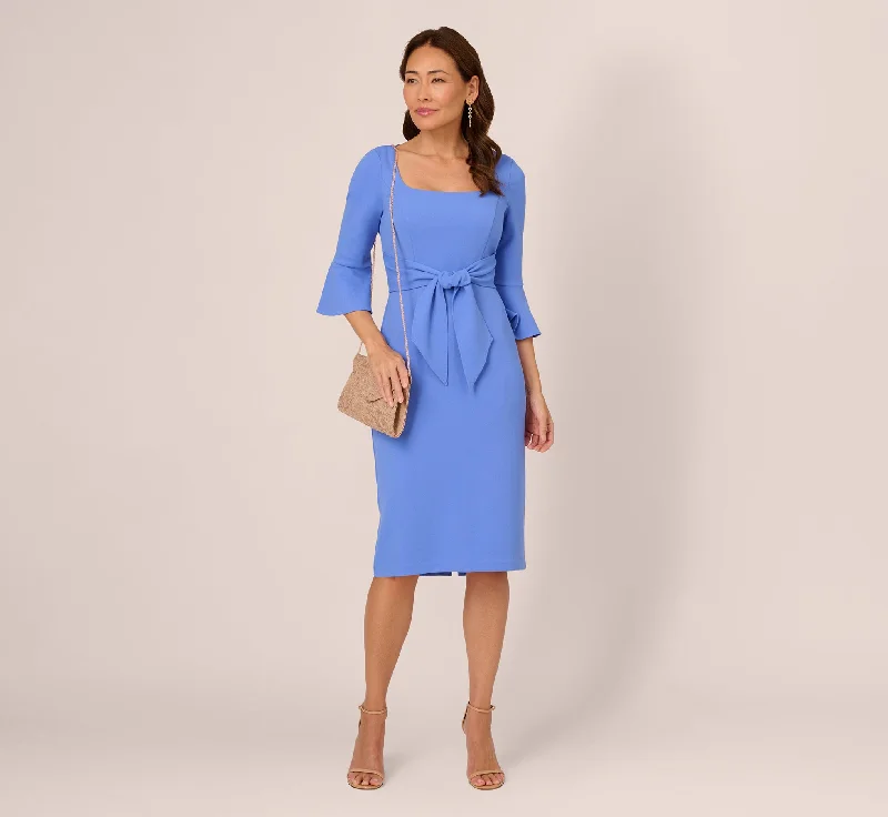 Stretch Knit Crepe Tie-Front Midi-Length Sheath Dress In Precious Peri