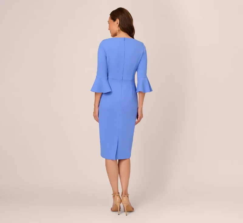 Stretch Knit Crepe Tie-Front Midi-Length Sheath Dress In Precious Peri