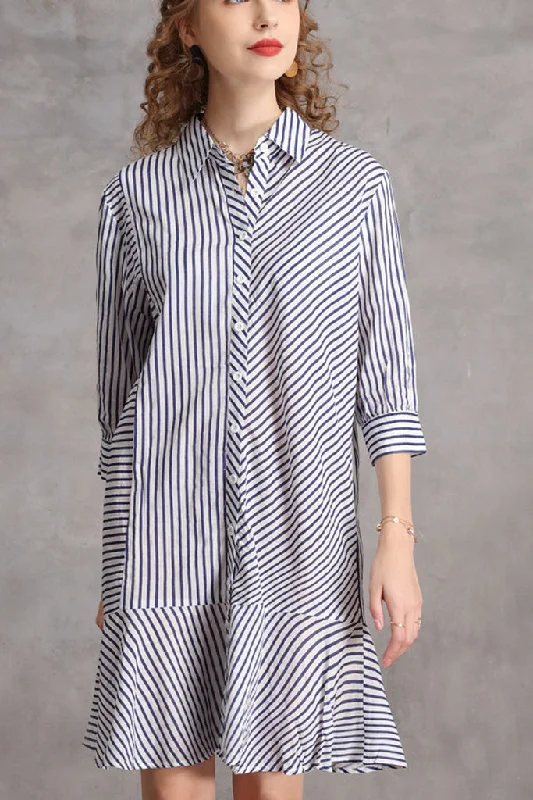 Three Quarter Sleeve Button Down Ruffle Hem Shift Dress