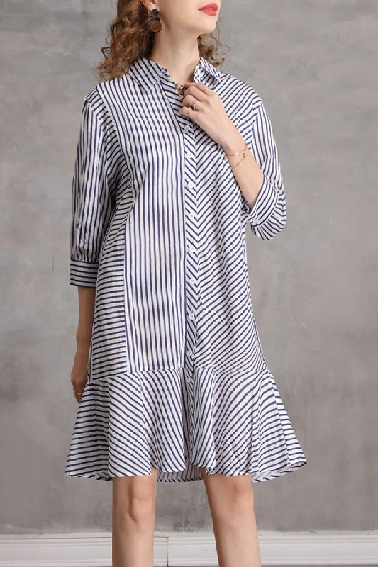 Three Quarter Sleeve Button Down Ruffle Hem Shift Dress