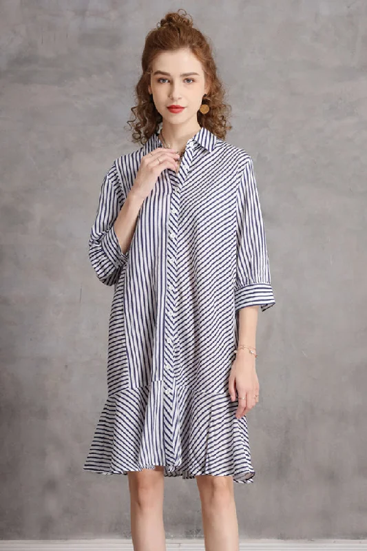 Three Quarter Sleeve Button Down Ruffle Hem Shift Dress