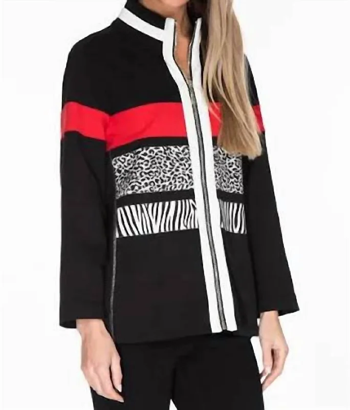 3/4 Sleeve Zip Thru Collar Solid Twill Knit & Print Jersey Knit Jacket In Multicolor