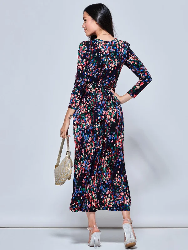 Abstract Print Long Sleeve Maxi Dress, Navy Abstract