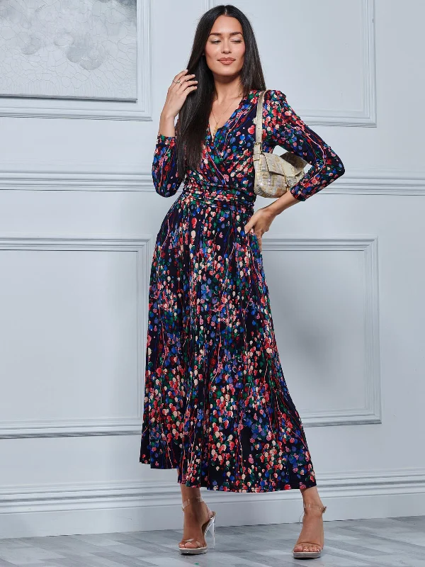 Abstract Print Long Sleeve Maxi Dress, Navy Abstract