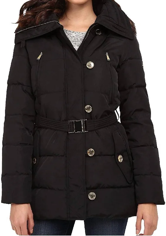 Fur Trim Hooded Down Coat In Black