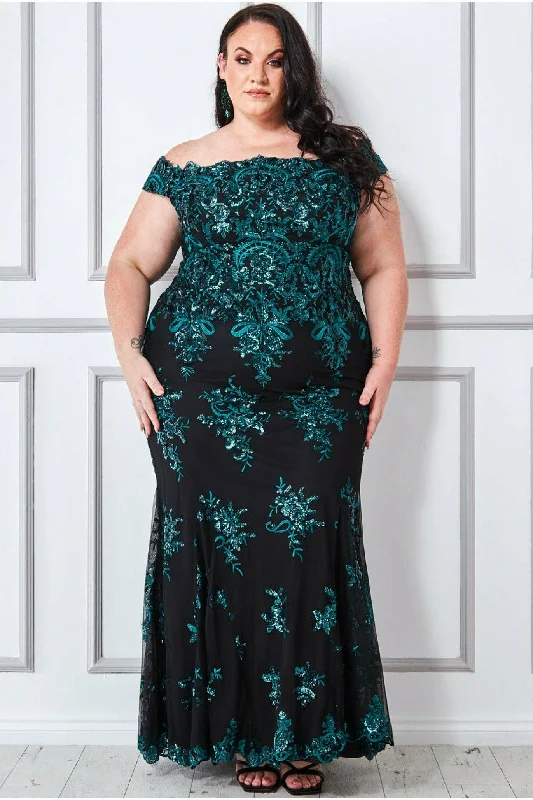 Goddiva Plus Bardot Sequin Embroidered Maxi - Emerald