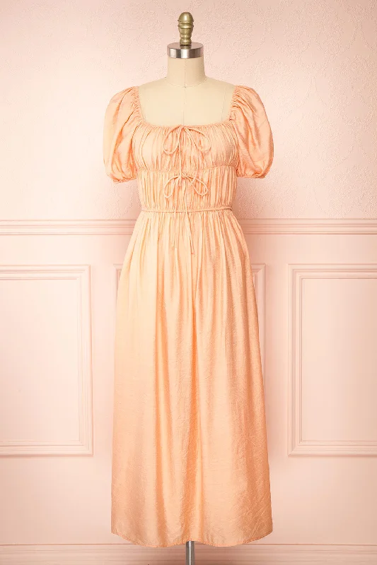 Imna Peach | A-Line Midi Dress w/ Puffy Sleeves