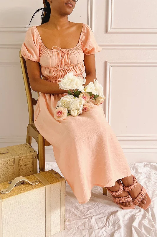 Imna Peach | A-Line Midi Dress w/ Puffy Sleeves