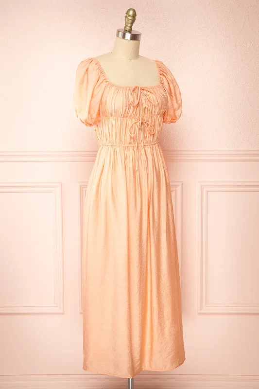 Imna Peach | A-Line Midi Dress w/ Puffy Sleeves