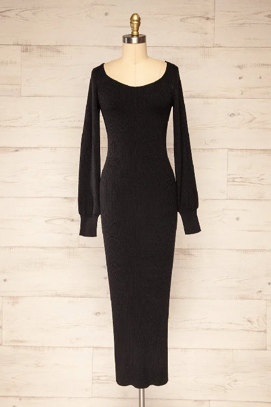 Lilongwe | Black Ribbed Midi Dress w/ Long Sleeves