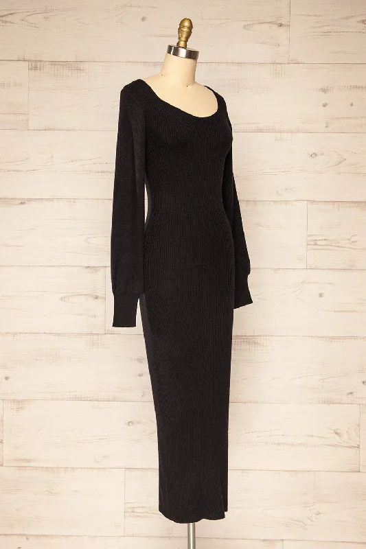 Lilongwe | Black Ribbed Midi Dress w/ Long Sleeves