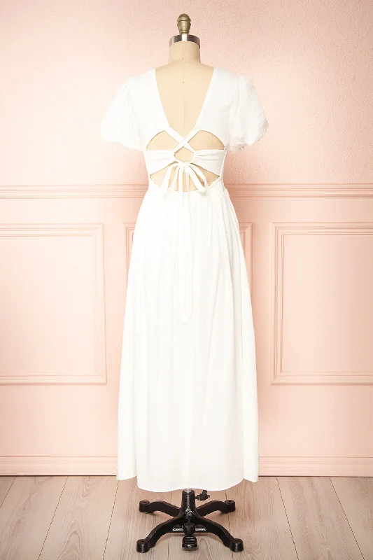 Lilou Ivory | Open-back Midi Dress w/ Puffy Sleeves