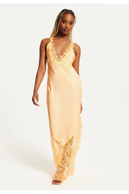 Liquorish Lace Detailed V Neck Maxi Dress In Orange