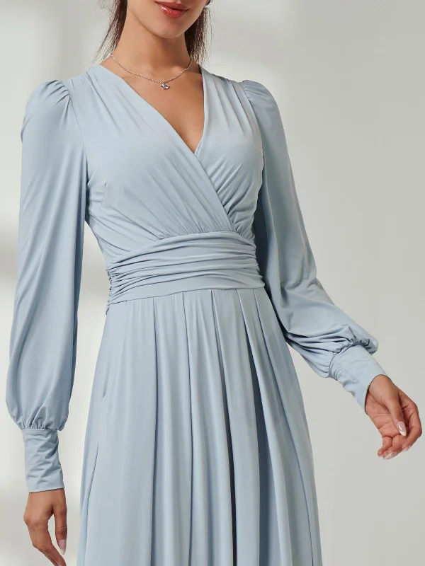 Long Sleeve Soft Silky Jersey Maxi Dress, Ice Blue