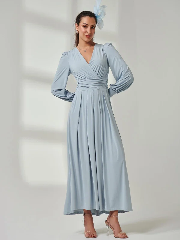 Long Sleeve Soft Silky Jersey Maxi Dress, Ice Blue