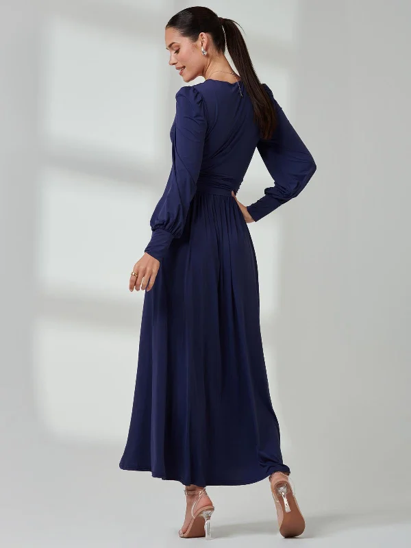 Long Sleeve Soft Silky Jersey Maxi Dress, Navy