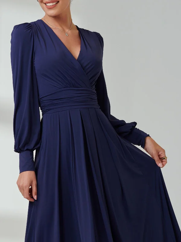 Long Sleeve Soft Silky Jersey Maxi Dress, Navy