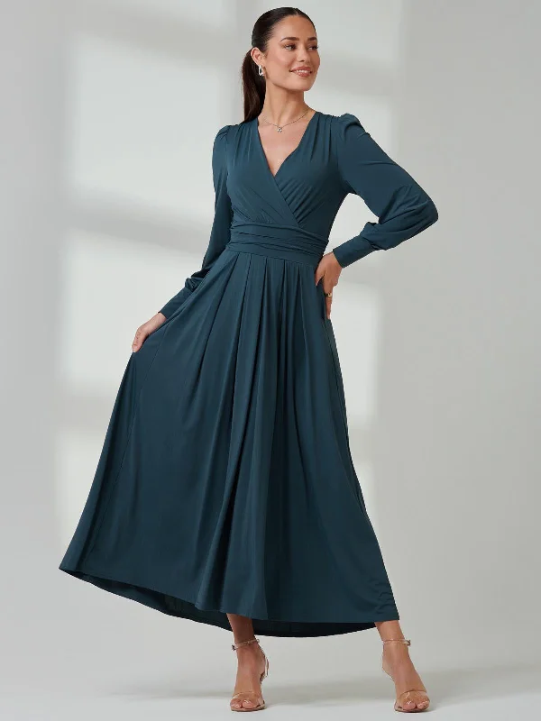 Long Sleeve Soft Silky Jersey Maxi Dress, Dark Teal