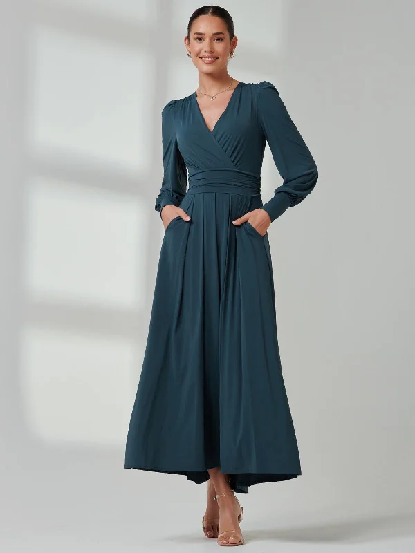 Long Sleeve Soft Silky Jersey Maxi Dress, Dark Teal