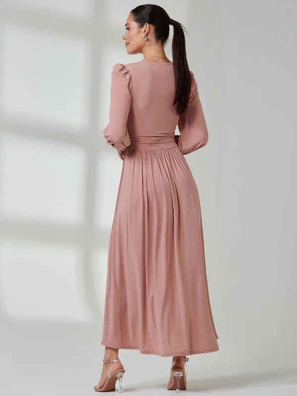 Long Sleeve Soft Silky Jersey Maxi Dress, Dusty Pink