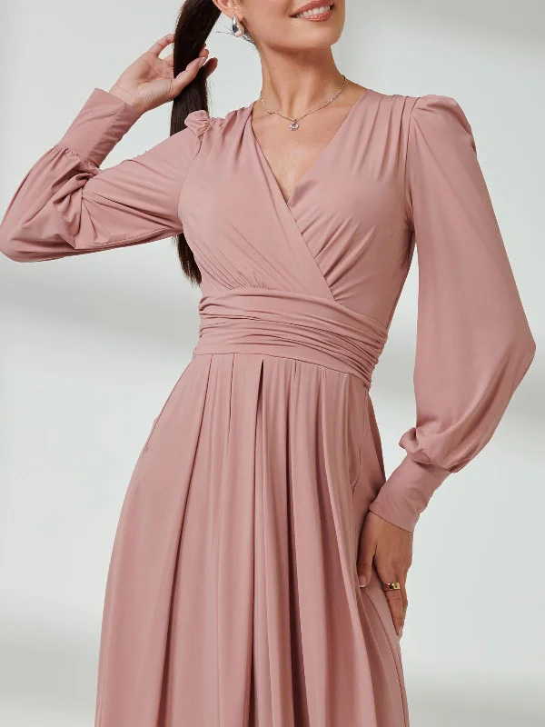 Long Sleeve Soft Silky Jersey Maxi Dress, Dusty Pink