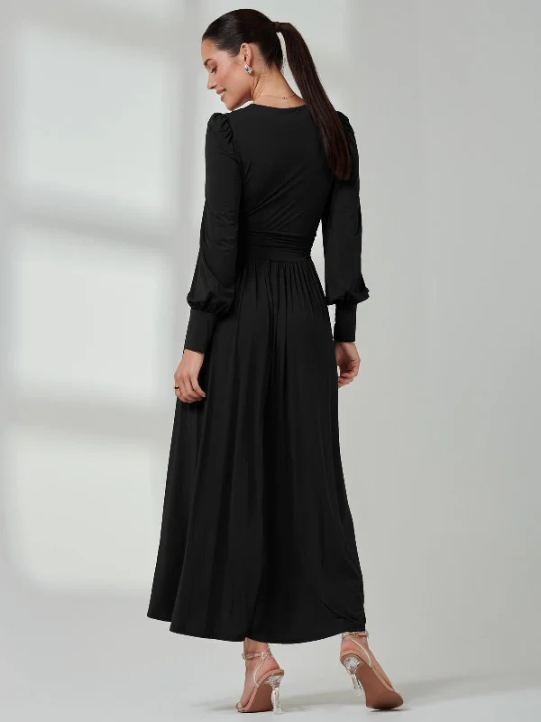 Long Sleeve Soft Silky Jersey Maxi Dress, Black