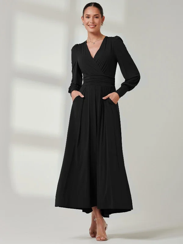 Long Sleeve Soft Silky Jersey Maxi Dress, Black