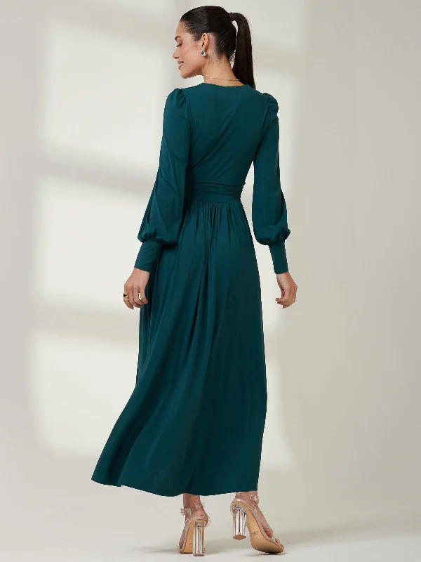 Long Sleeve Soft Silky Jersey Maxi Dress, Forest Green