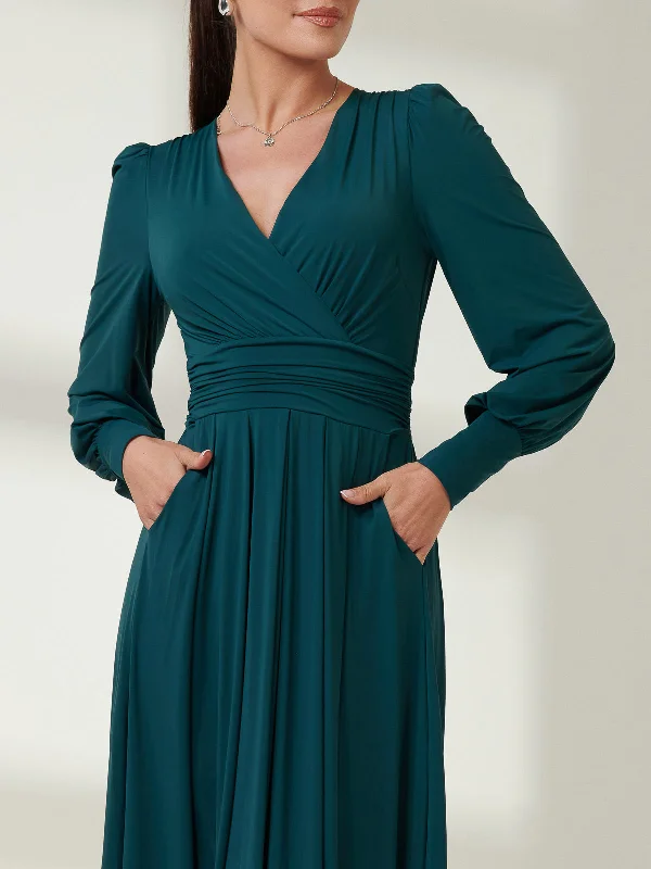 Long Sleeve Soft Silky Jersey Maxi Dress, Forest Green