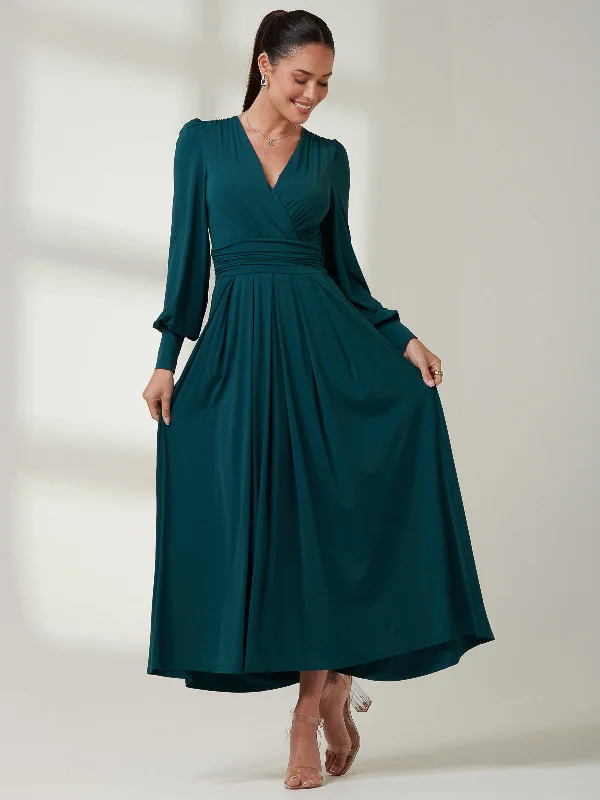 Long Sleeve Soft Silky Jersey Maxi Dress, Forest Green