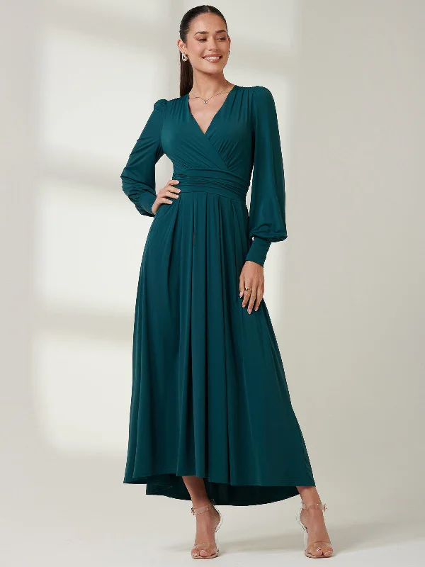 Long Sleeve Soft Silky Jersey Maxi Dress, Forest Green