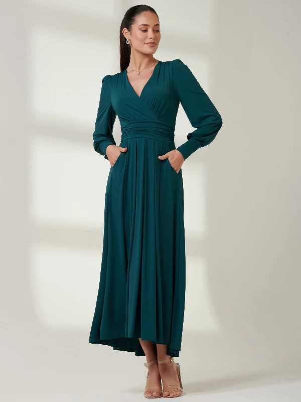 Long Sleeve Soft Silky Jersey Maxi Dress, Forest Green