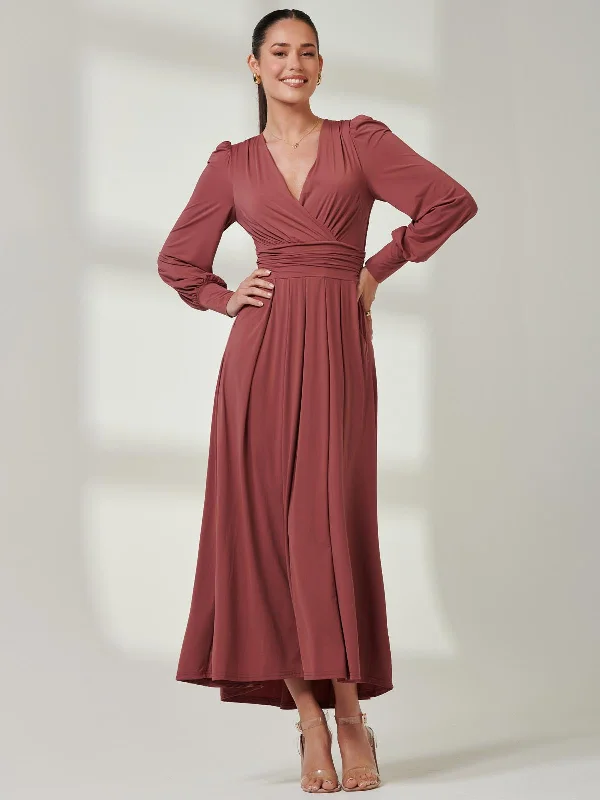 Long Sleeve Super Soft Jersey Maxi Dress, Rusty Red