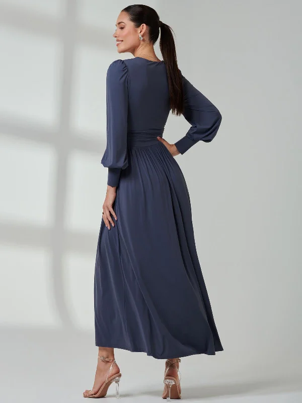 Long Sleeve Super Soft Jersey Maxi Dress, Steel Blue