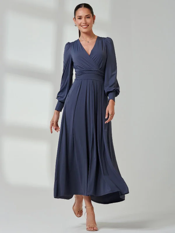 Long Sleeve Super Soft Jersey Maxi Dress, Steel Blue