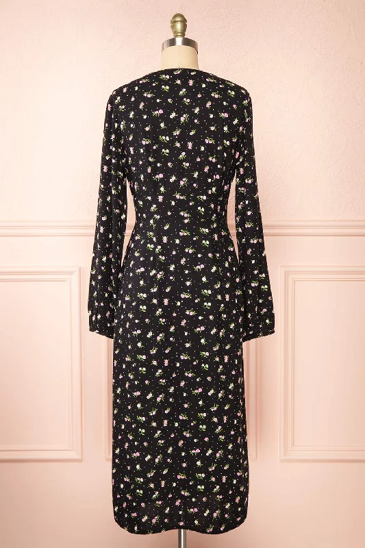 Netra Black | Long Sleeve Floral Midi Dress