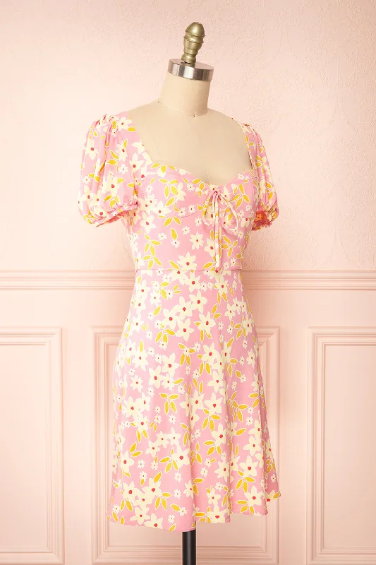 Olga | Short Pink Floral Dress w/ Puffy Sleeves