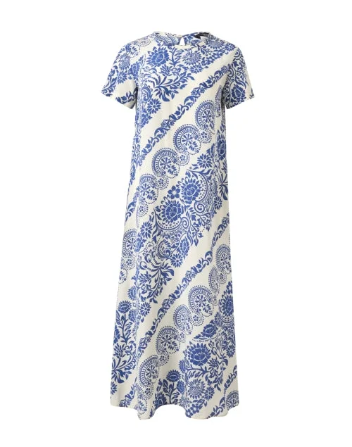 Orchis Cream and Blue Print Silk Dress