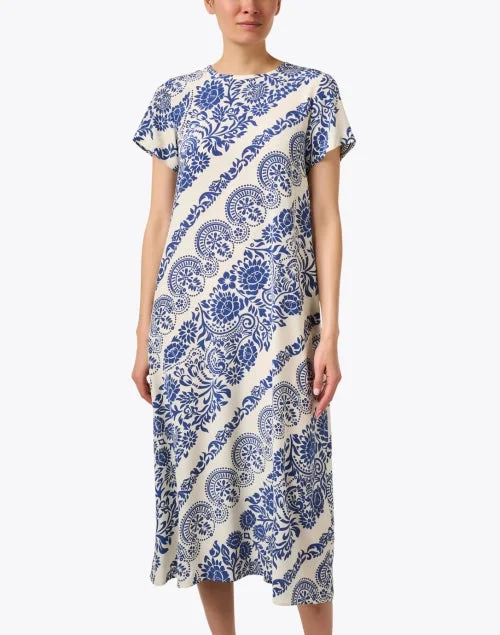 Orchis Cream and Blue Print Silk Dress